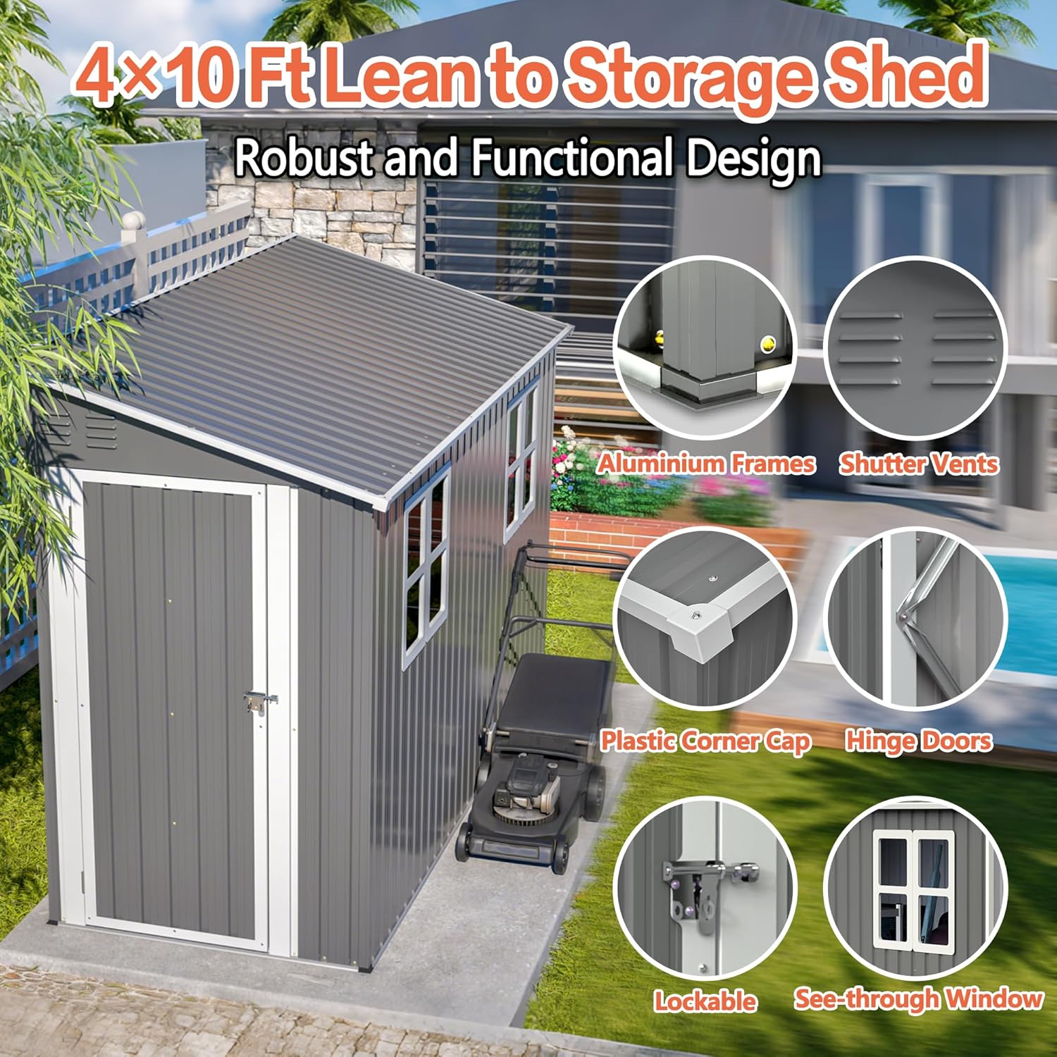 4x10 Ft Outdoor Heavy-Duty Shed, Metal Lean to Shed with Floor Kit and 2 Windows for Tools, Bikes, Patio Equipment, with Left/Right Door Options