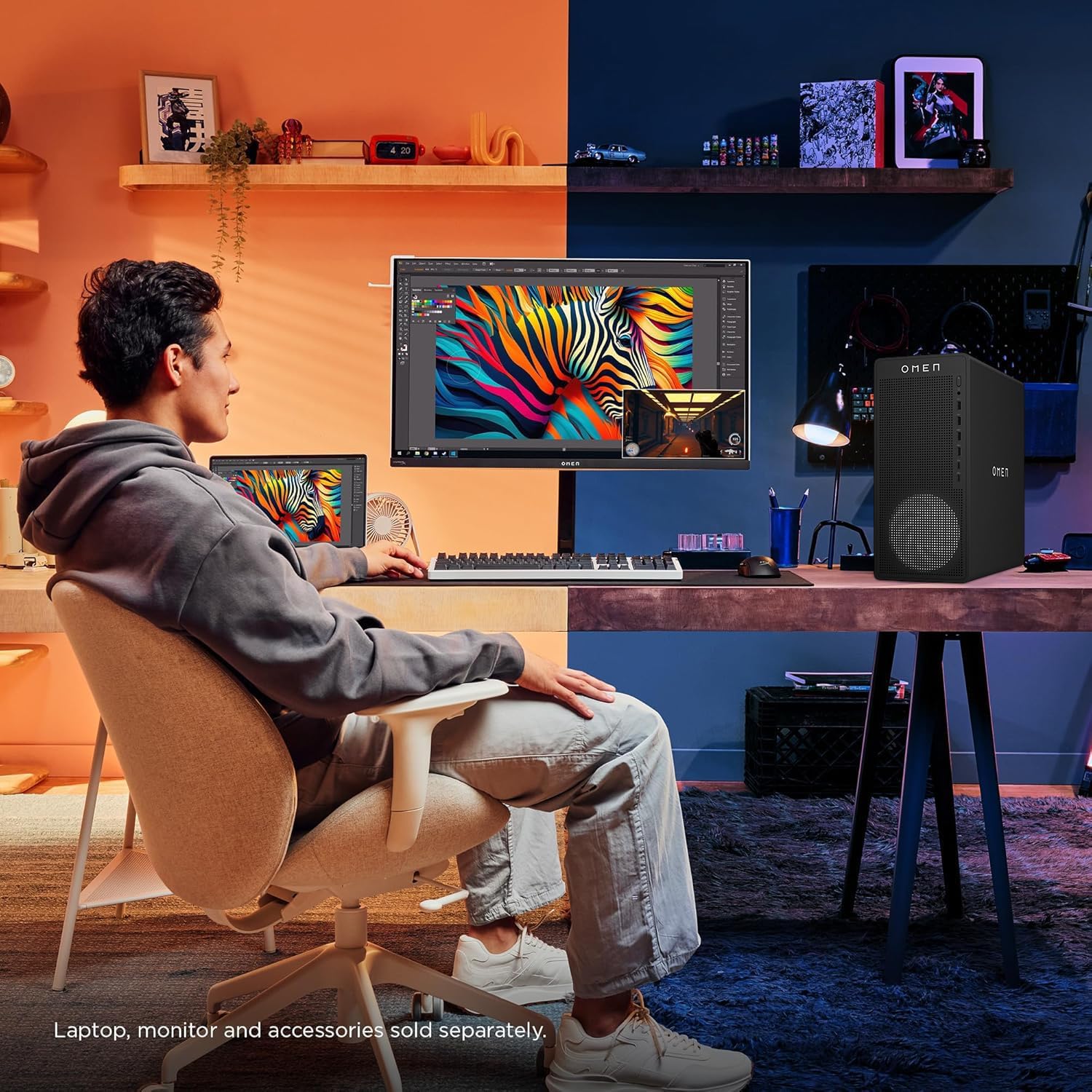 HP OMEN 16L Gaming Desktop, AMD Ryzen 7 8700F (Beats Intel i7-14700F), NVIDIA RTX 5060, 64GB DDR5 RAM, 2TB SSD, W11H, Music Production Workstation, Bundle with Thunderobot KG3089R Gaming KB