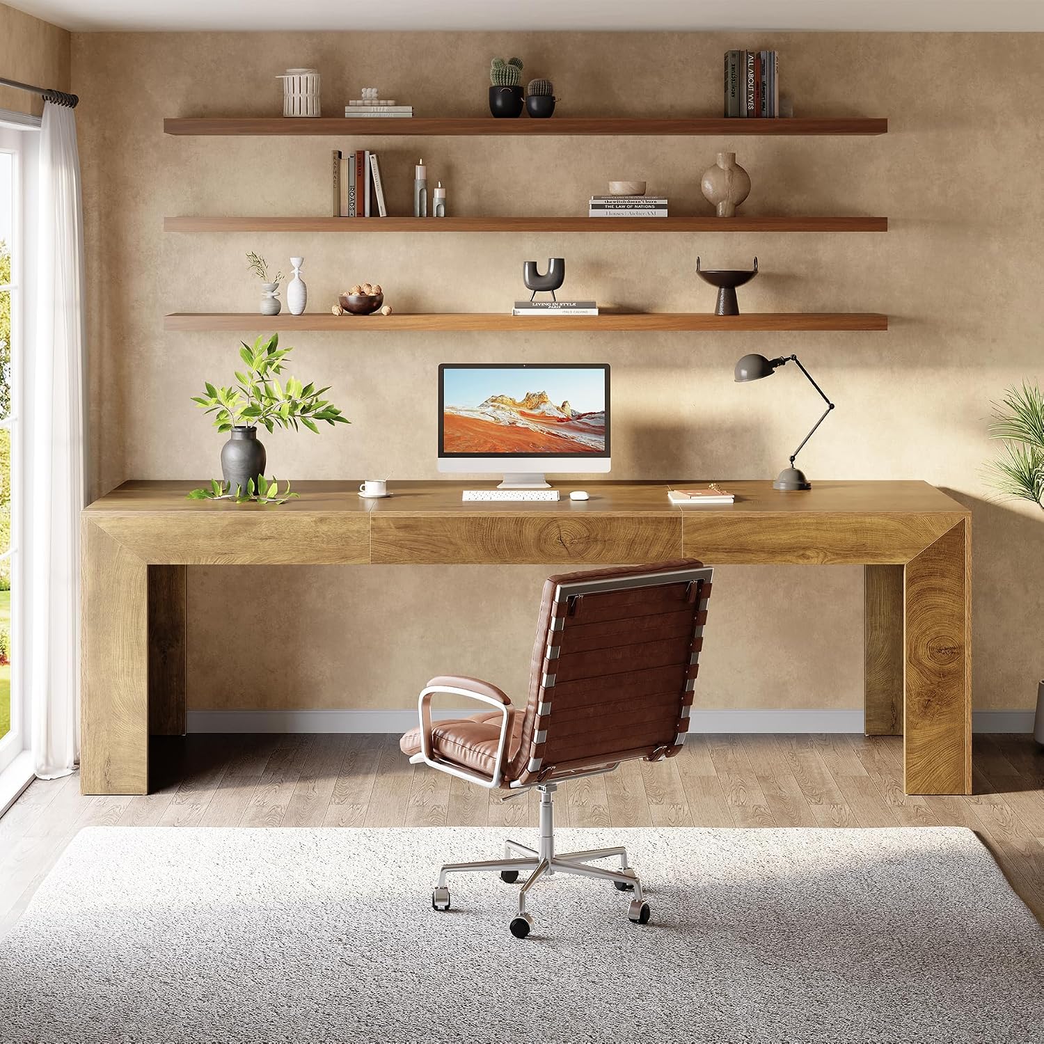 Tribesigns 78.7-Inch Long Computer Desk for 2 People, Farmhouse Executive Desk with Wooden Desktop and Legs, Large Workstations Writing Table Gaming Table for Home Office, Heavy Duty, Brown