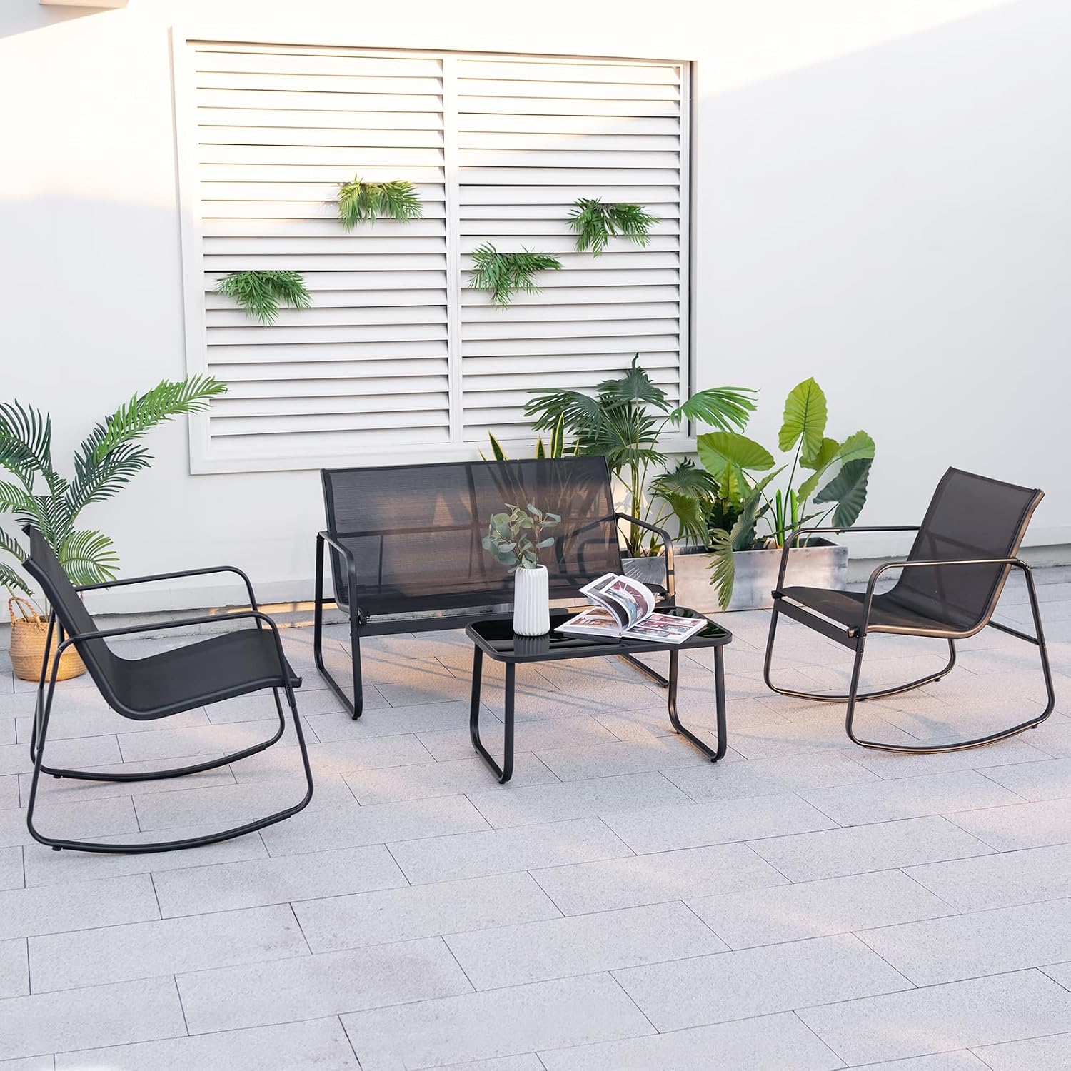 Tangkula 8 Piece Rocking Patio Furniture Set, 4 Rocking Chairs & 2 Loveseat with Glass-Top Table, Patio Rocking Set with Smooth Rocking Motion, Outdoor Rocker Conversation Set for Porch, Yard