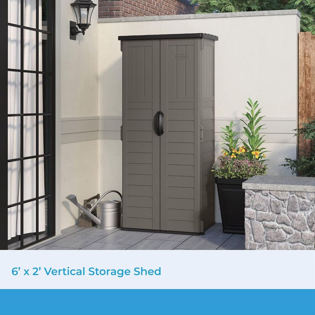 Suncast 22 Cubic Ft. Vertical Resin Outdoor Storage Shed with Lockable Double Doors, Weather-Resistant Multi-Wall Panels, Stoney