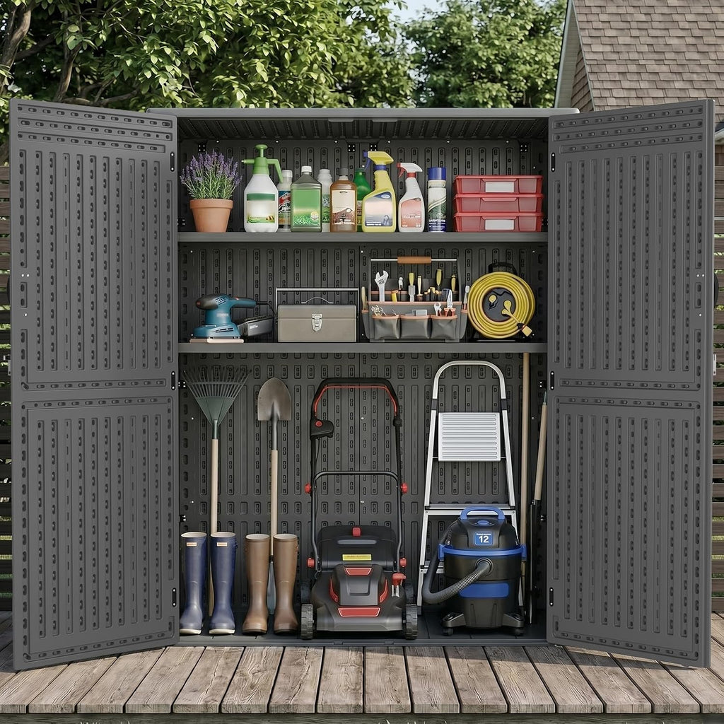 EHHLY Vertical Resin Storage Shed with 2 Shelves, 60 Cuft Garden Tool Sheds & Outdoor Storage, Plastic Outdoor Storage Cabinet Waterproof, 4.5 x 2.3 ft Backyard Outside Lawn Mower Storage Shed, Grey