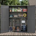 EHHLY Vertical Resin Storage Shed with 2 Shelves, 60 Cuft Garden Tool Sheds & Outdoor Storage, Plastic Outdoor Storage Cabinet Waterproof, 4.5 x 2.3 ft Backyard Outside Lawn Mower Storage Shed, Grey