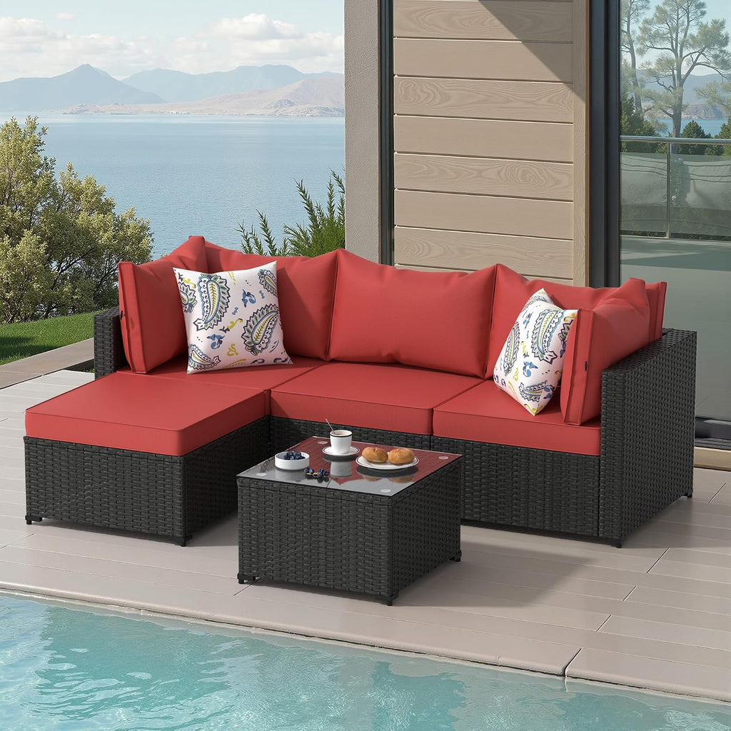 Patio Furniture Set, 5PCS Outdoor Sectional with Ottoman Wicker Rattan Patio Couch with Thickened Cushion Modular Wicker Patio Conversation Set with Glass Top Table for Balcony, Backyard (Burgundy)