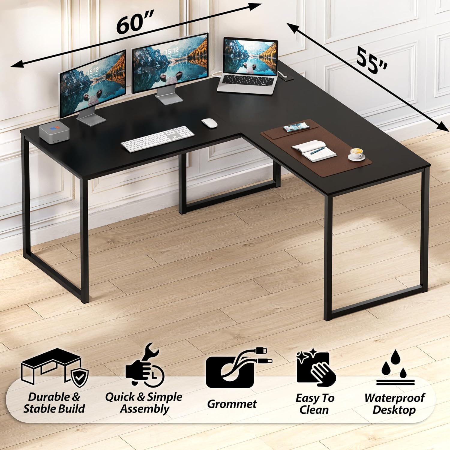 SHW Mission 55 x 60 Inches L-Shape Home Office Computer Desk, Black