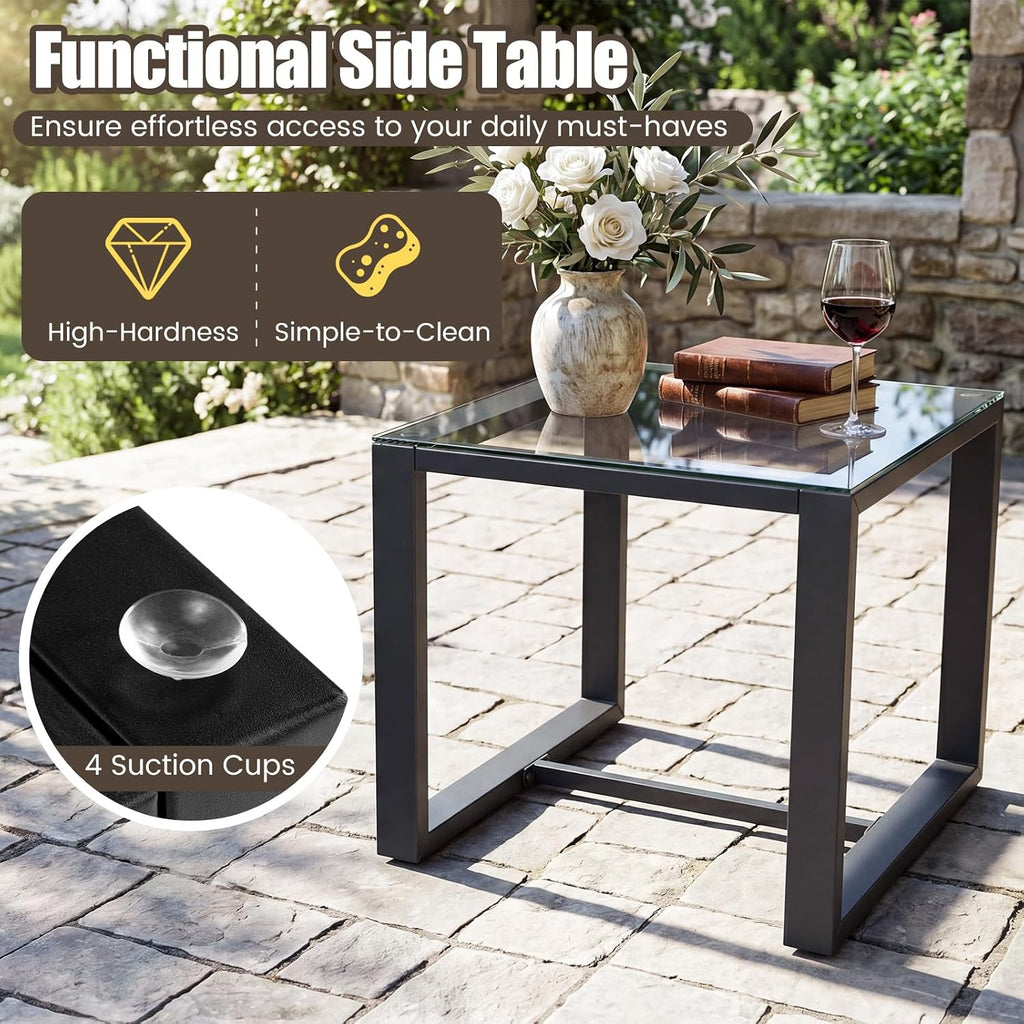 Tangkula 5 Pieces Wicker Patio Conversation Set, Outdoor PE Rattan Chair with Ottoman Set with Glass Side Table, 2-Person Small Balcony Furniture Seating Set with Cushions for Porch, Backyard, Deck