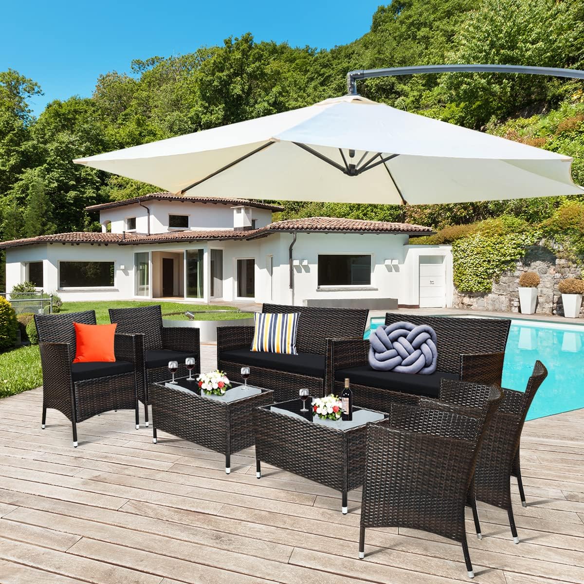 COSTWAY 8PCS Rattan Patio Furniture Set, Outdoor Wicker Rattan Chairs with Coffee Table, Rattan Cushioned Conversation Set for Backyard Balcony Porch Poolside, Black