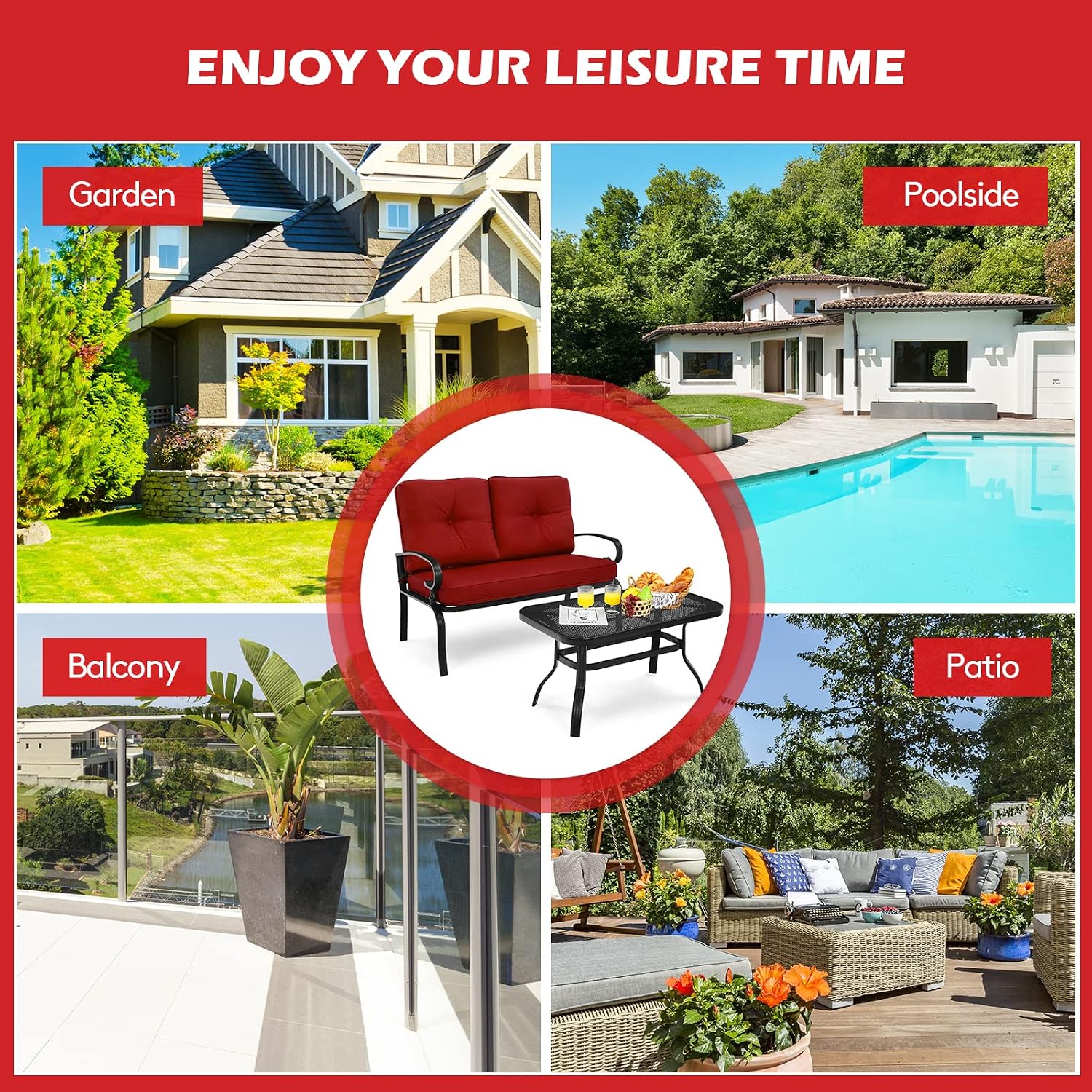 Giantex Patio Loveseat with Coffee Table Outdoor Bench with Cushion and Metal Frame, Loveseat Porch Furniture Set Sofa for Garden, Yard, Patio or Poolside (Deep Red & Black)