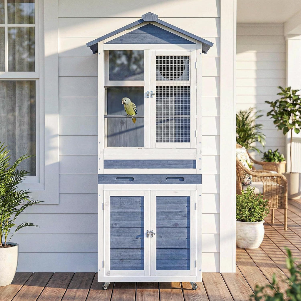 59' H Wooden Outdoor Bird Aviary on Wheels, Bird Cage with Storage & Pull-Out Tray for Small Birds, Finches, Parrots, Indoor Bird Cages with Feeder, Easy to Clean, Grey
