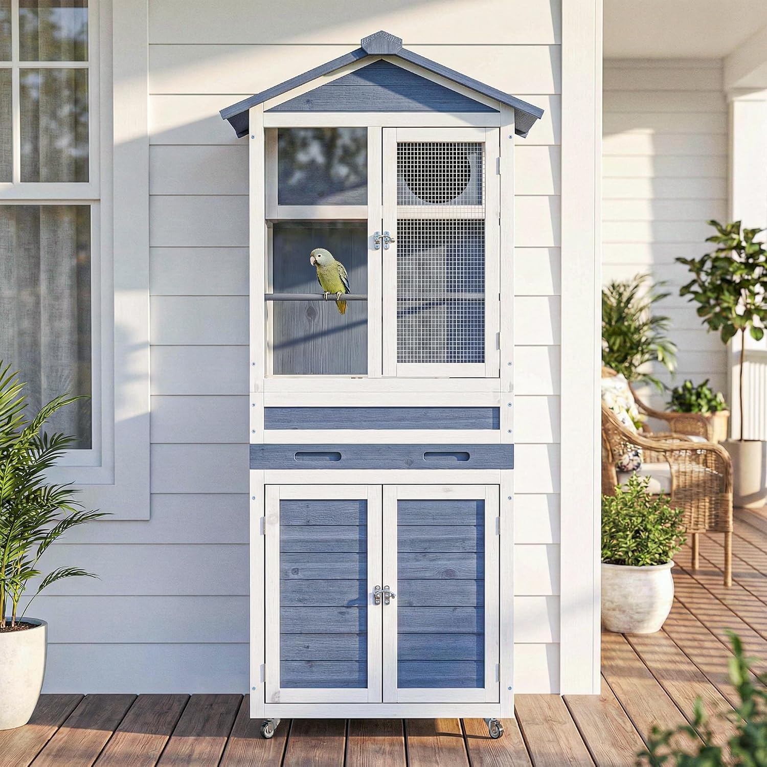 59' H Wooden Outdoor Bird Aviary on Wheels, Bird Cage with Storage & Pull-Out Tray for Small Birds, Finches, Parrots, Indoor Bird Cages with Feeder, Easy to Clean, Grey