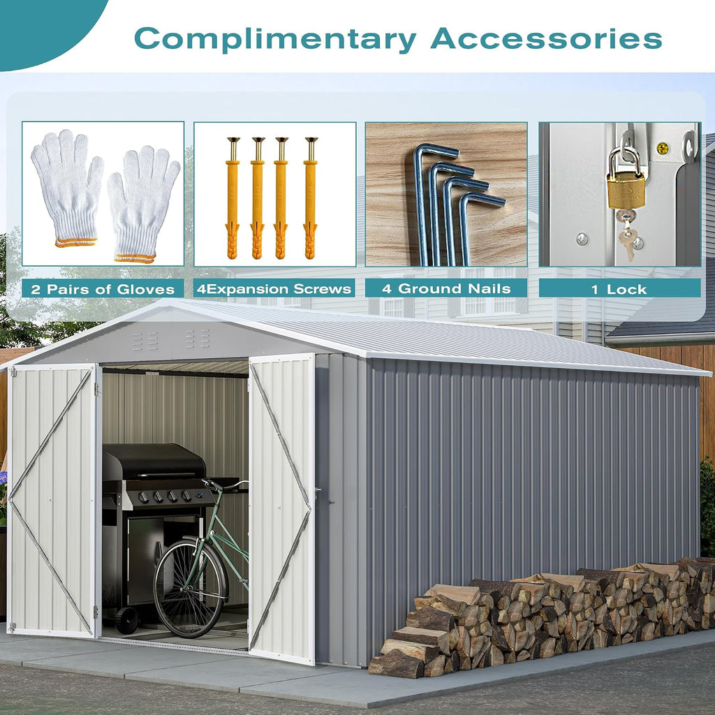 YOPTO 10x12 FT Outdoor Storage Shed with Floor Frame Kit,Metal Shed W/Double Lockable Doors,Garden Tool Storage House W/ 4 Air Vents & Sloped Roof,for Backyard,Patio,Lawn,Gray
