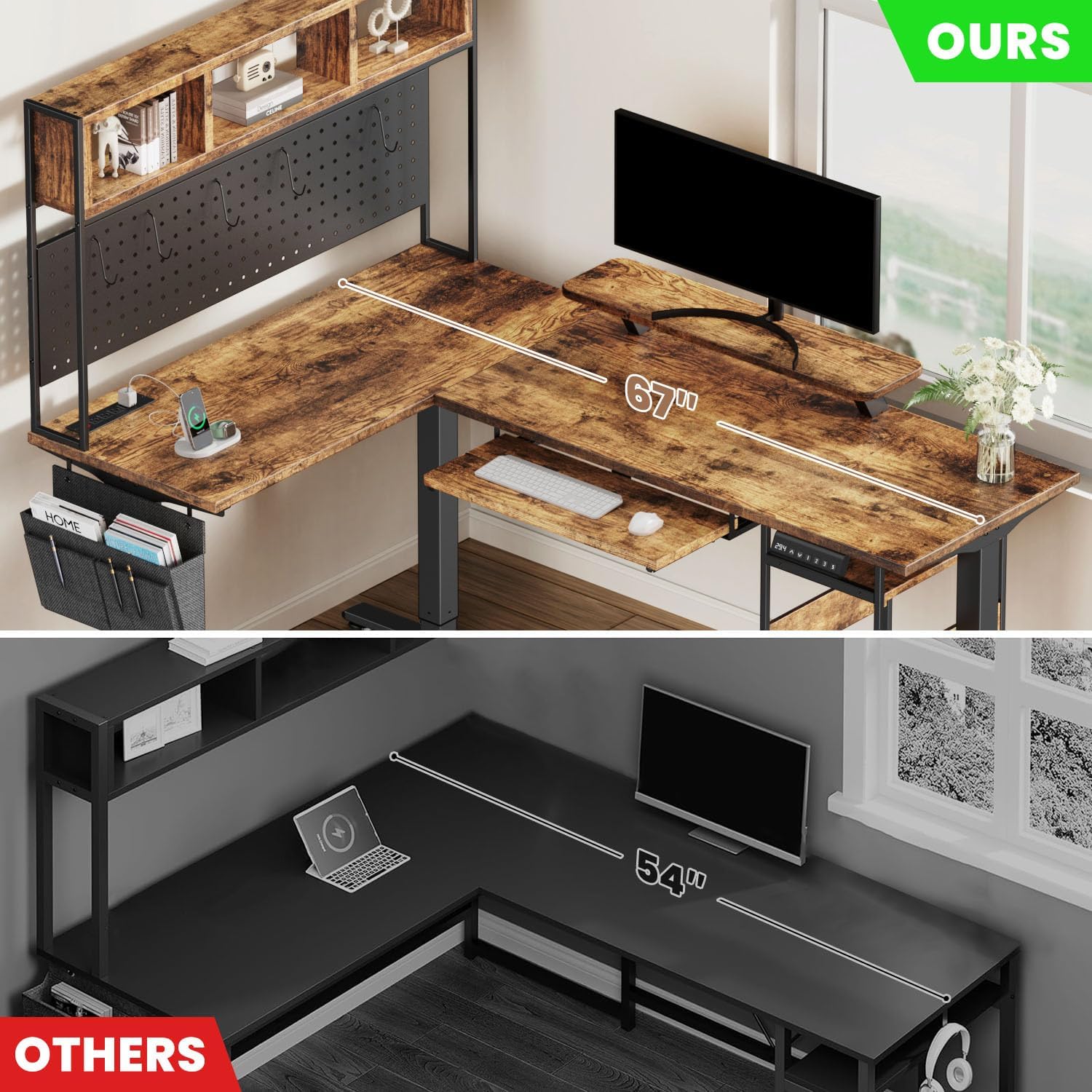 Flycity Electric L Shaped Standing Desk Adjustable Height, 67' x 47' Corner Computer Desk with Host Shelf, Gaming Desk with LED Lights & Power Outlet, Dual Motor Home Office Desk with Storage, Brown