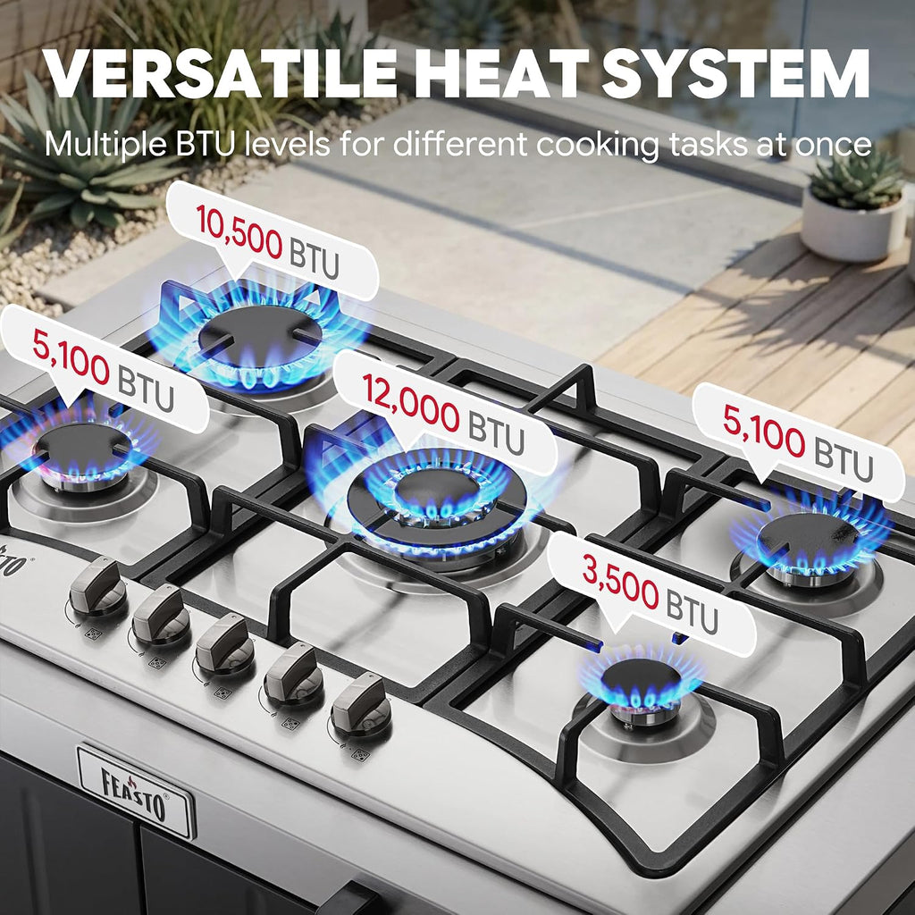 Feasto Gas Grill, Movable Outdoor Gas Stove Stainless Steel Top with Cabinet, 5 Burners with 36,200 BTUs, Outdoor Propane Grill for Outdoor Cooking, Ideal for Lawn & Garden, L35.4 x W24