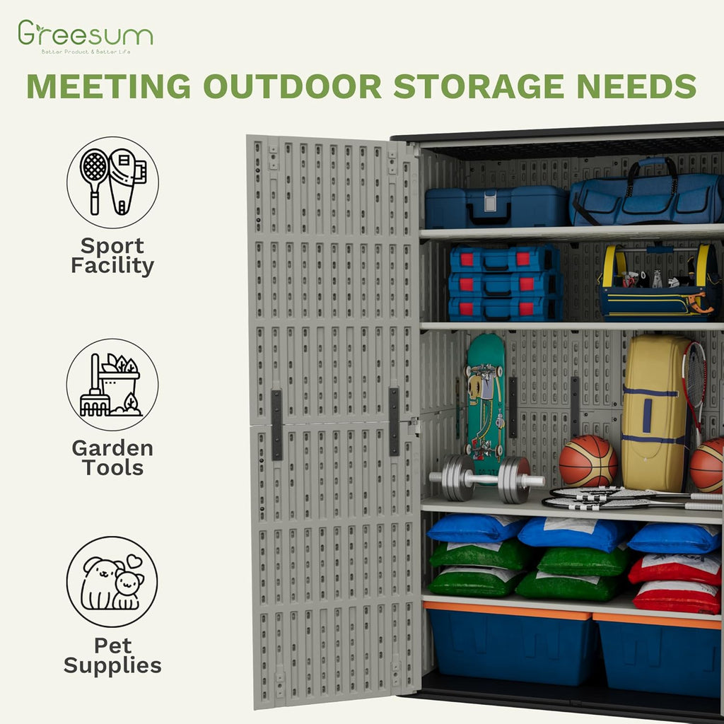 Greesum Outdoor Storage Cabinet, 50 CUFT Deck Box Without Shelves, Waterproof Plastic Storage Shed for Patio Cushions, Gardening Tools, Lockable and Sidehandles, UV Resistant, Beige
