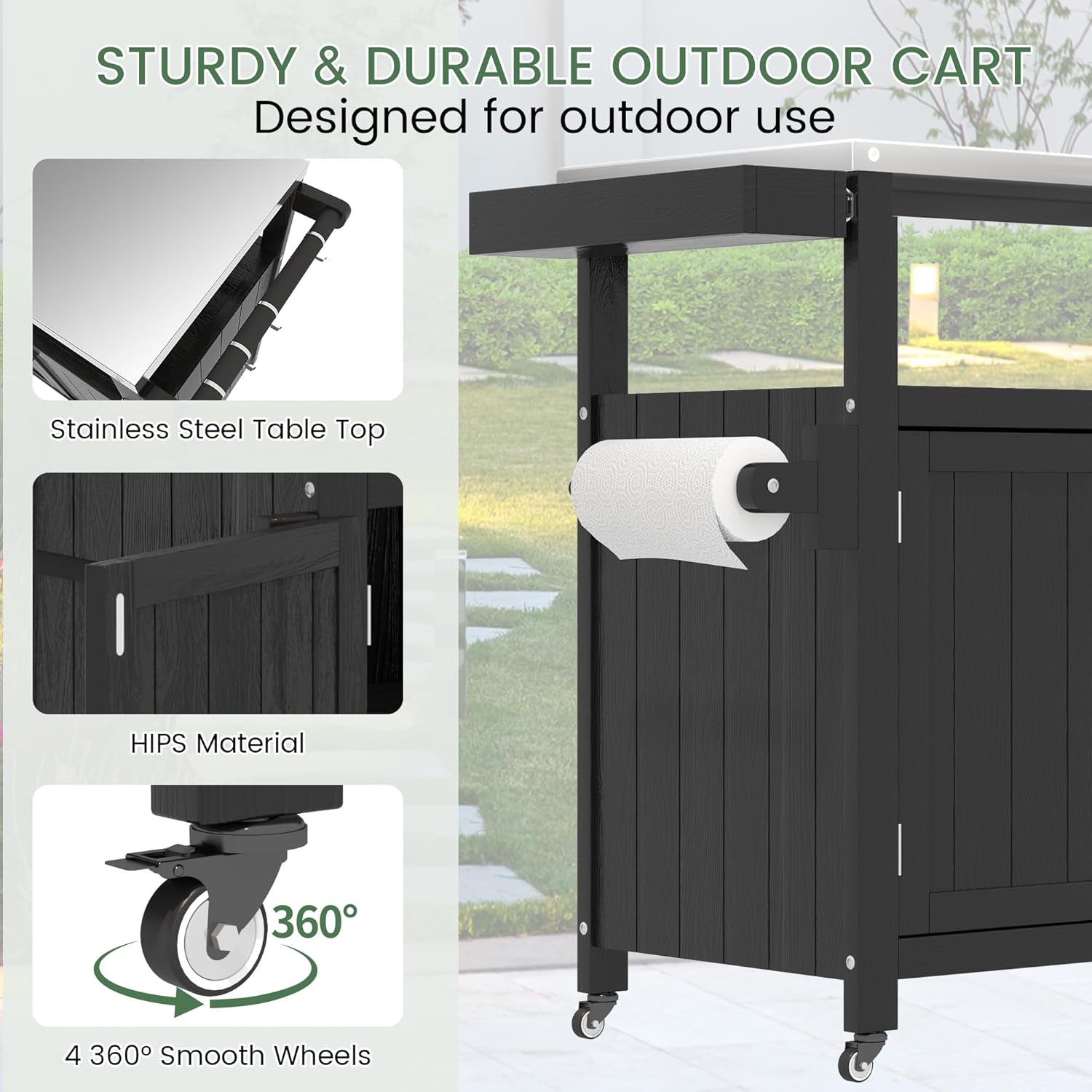 Weatherproof HIPS Outdoor Kitchen Island with Stainless Steel Top & Storage Cabinet, Movable Prep Table with Wheels for BBQ Food Prep, Outdoor Grill Cart for Parties, Black