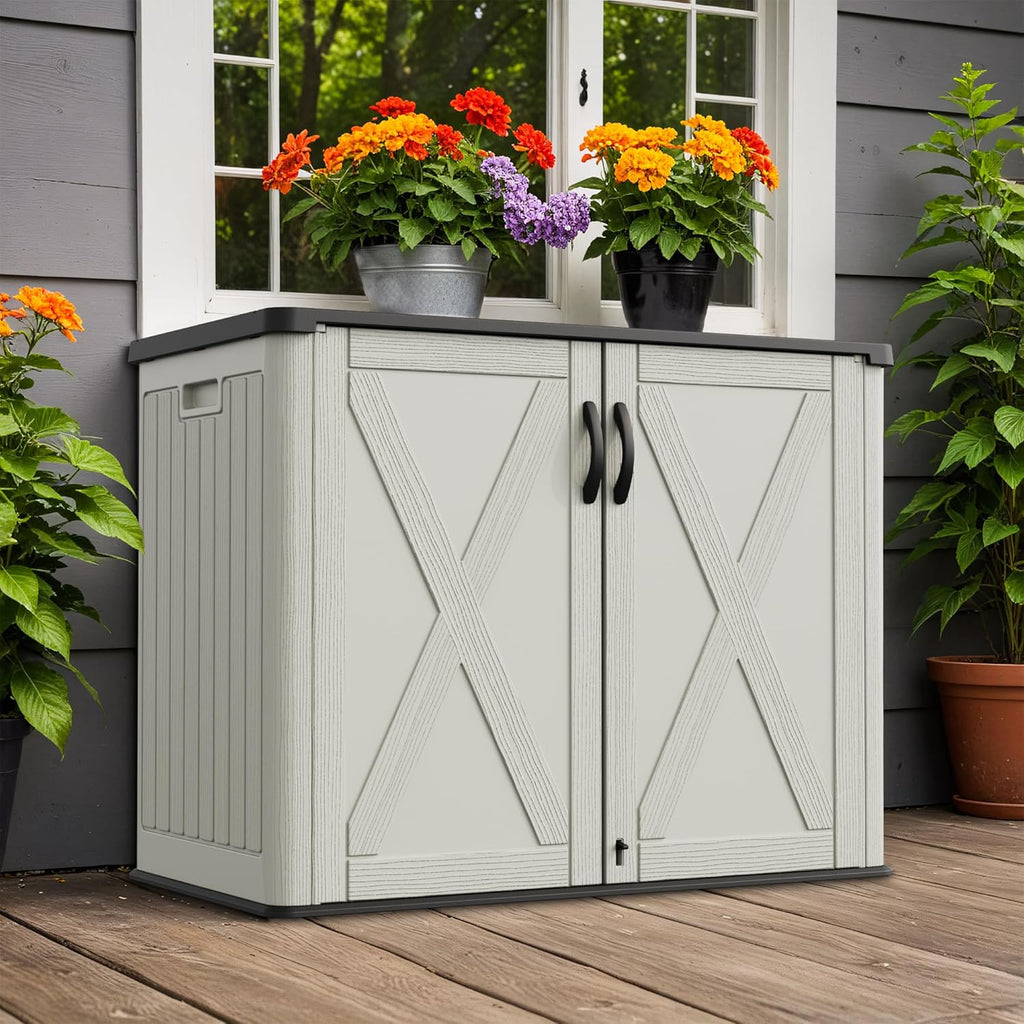Greesum Outdoor Storage Cabinet, 25 CUFT Deck Box Without Shelves, Waterproof Plastic Storage Shed for Patio Cushions, Gardening Tools, Lockable and Sidehandles, UV Resistant, Beige