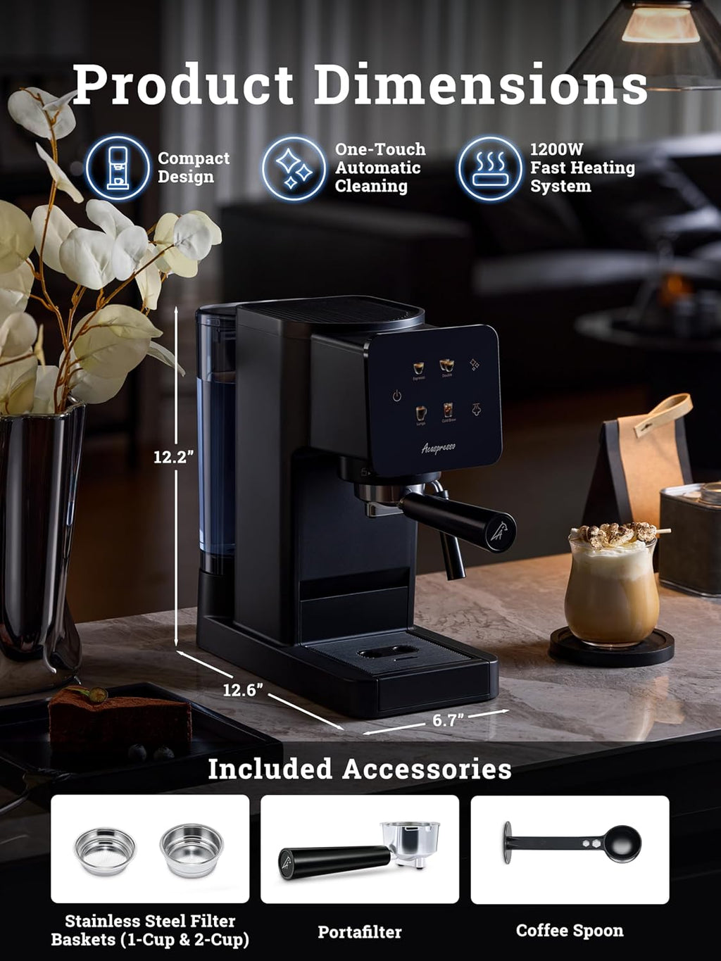 Espresso Machine with Touchscreen, 20 Bar Espresso Maker with Milk Frother and Steam Wand, Cold Brew Coffee Machine for Home, Latte Cappuccino Maker, 41oz Removable Water Tank