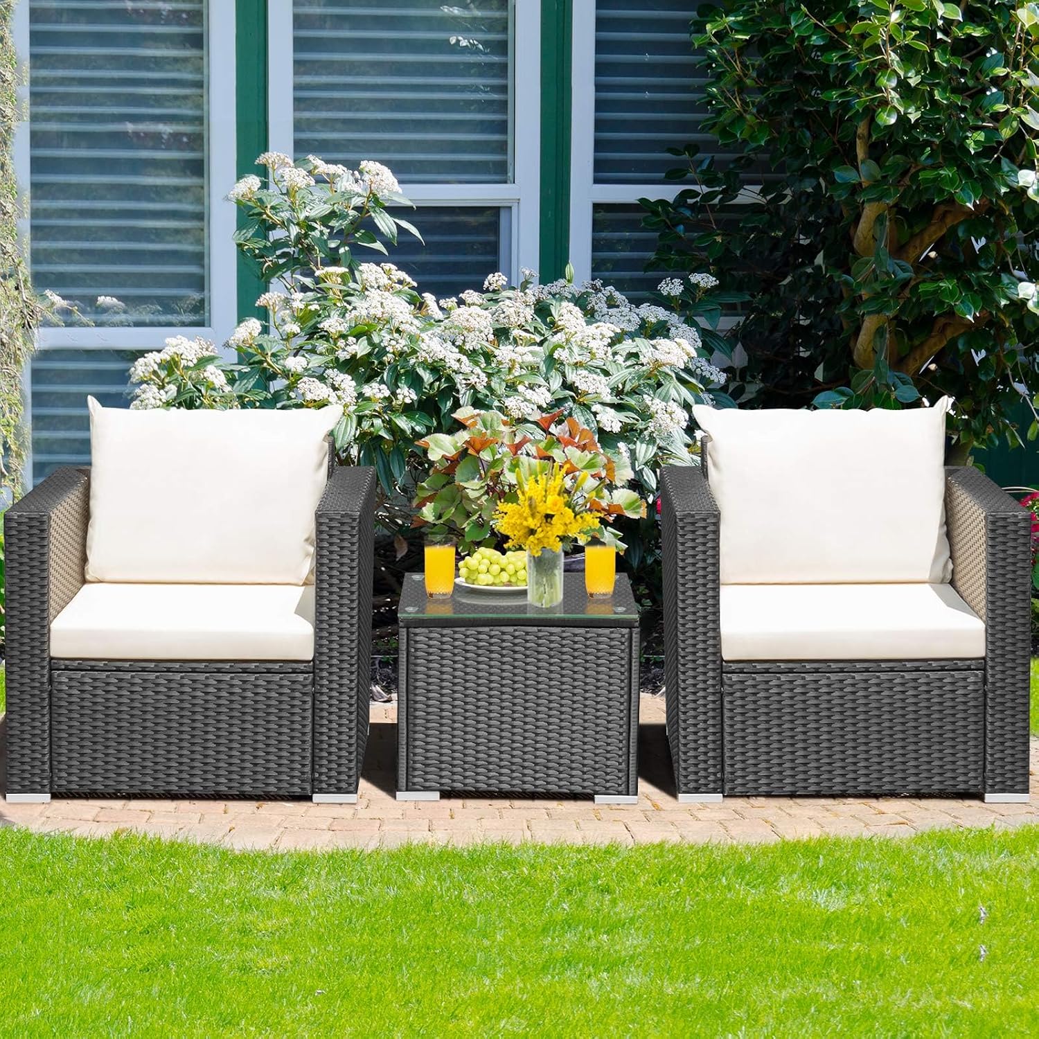 HAPPYGRILL 3 Pieces Rattan Patio Furniture Set, PE Wicker Patio Conversation Set with Coffee Table and Cushions, Outdoor Sofa Set for Garden Balcony Porch Poolside