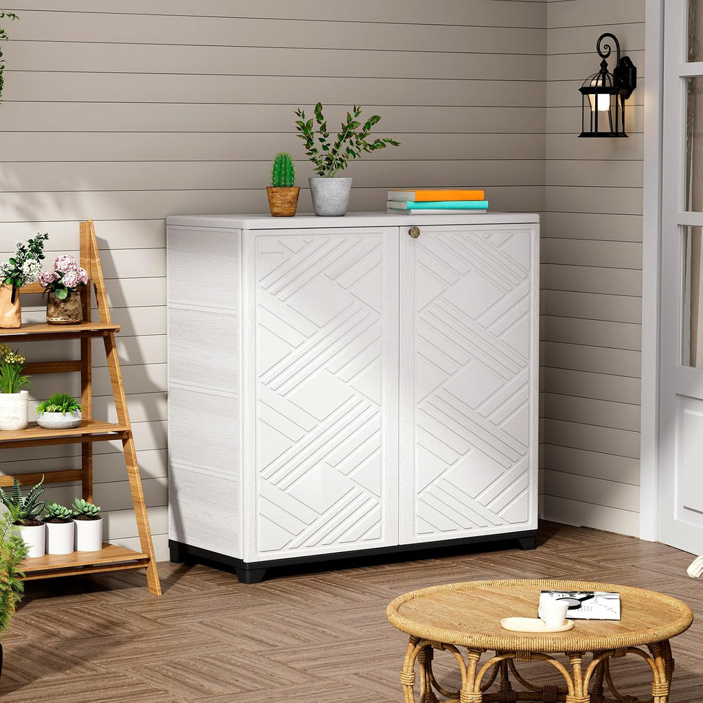 ZZM Indoor/Outdoor Storage Cabinet Waterproof, 34'x15'x34' Plastic Outdoor Storage Box for Garden Balcony Bathroom, All Weather Outdoor Storage Clearance, DIY Usage, with 1 Shelf (White)