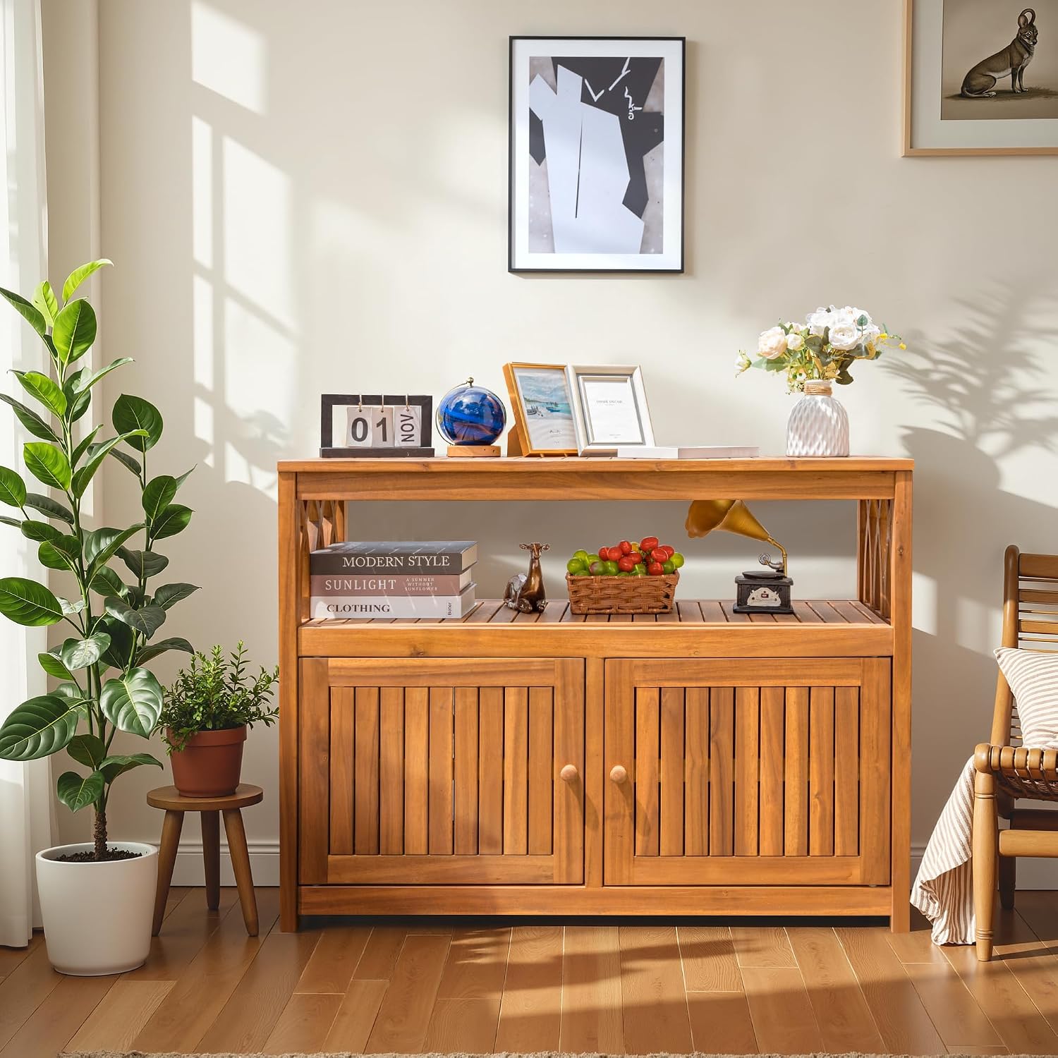 Devoko Outdoor Storage Cabinet, Weatherproof Cabinet Acacia Wood with 2 Magnetic Doors and Shelve, Outdoor Buffet, TV Stand, Potting Table (Brown)