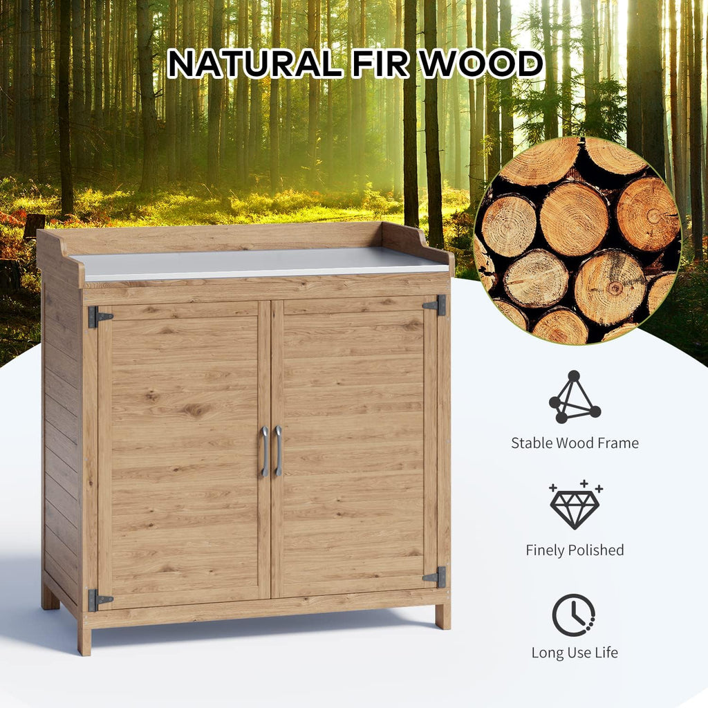 Gizoon Outdoor Potting Bench with Metal Tabletop, Outdoor Garden Patio Wooden Storage Cabinet with Adjustable Shelf, Double Doors Garden Work Bench for Backyard, Patio, Lawn - Natural