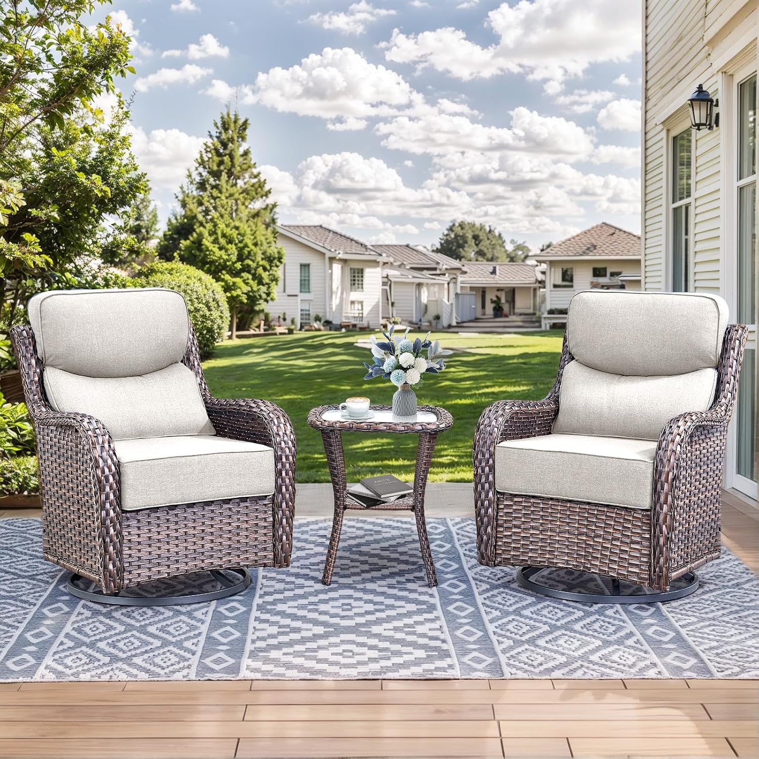 HUMMUH 2PCS Patio Furniture Set with 6-inch Thick Cushion, High Back Outdoor Swivel Rocker Patio Chairs, Wicker Conversation Set for Porch Deck and Poolside (V3)