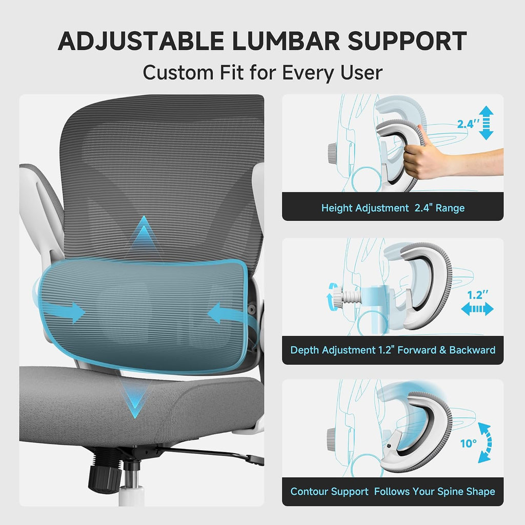 Ergonomic Office Chair, 330LBS Desk Chair with 3-Level Lumbar Support & Headrest, Breathable Mesh Backrest, Flip-Up Armrests for Home Office and Gaming, White