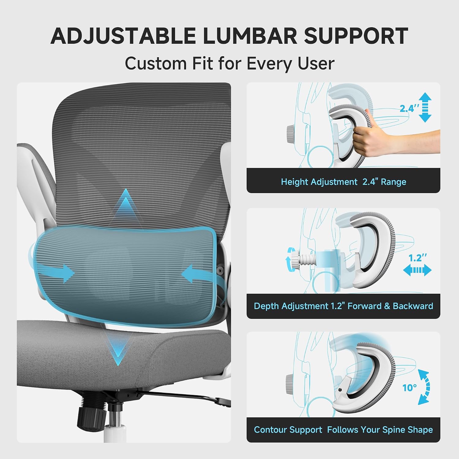 Ergonomic Office Chair, 330LBS Desk Chair with 3-Level Lumbar Support & Headrest, Breathable Mesh Backrest, Flip-Up Armrests for Home Office and Gaming, White