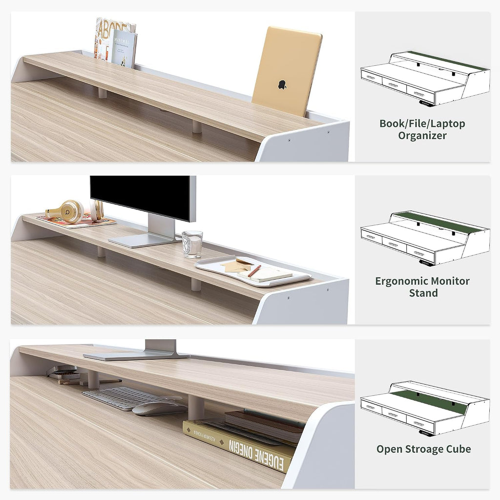 FEZIBO 48x26 Inches Standing Desk with 3 Wooden Drawers and Monitor Shelf, Height Adjustable Computer Desk, Ergonomic Rising Home Office Desks, Sit Stand Up Electric Workstation Table, Light Walnut