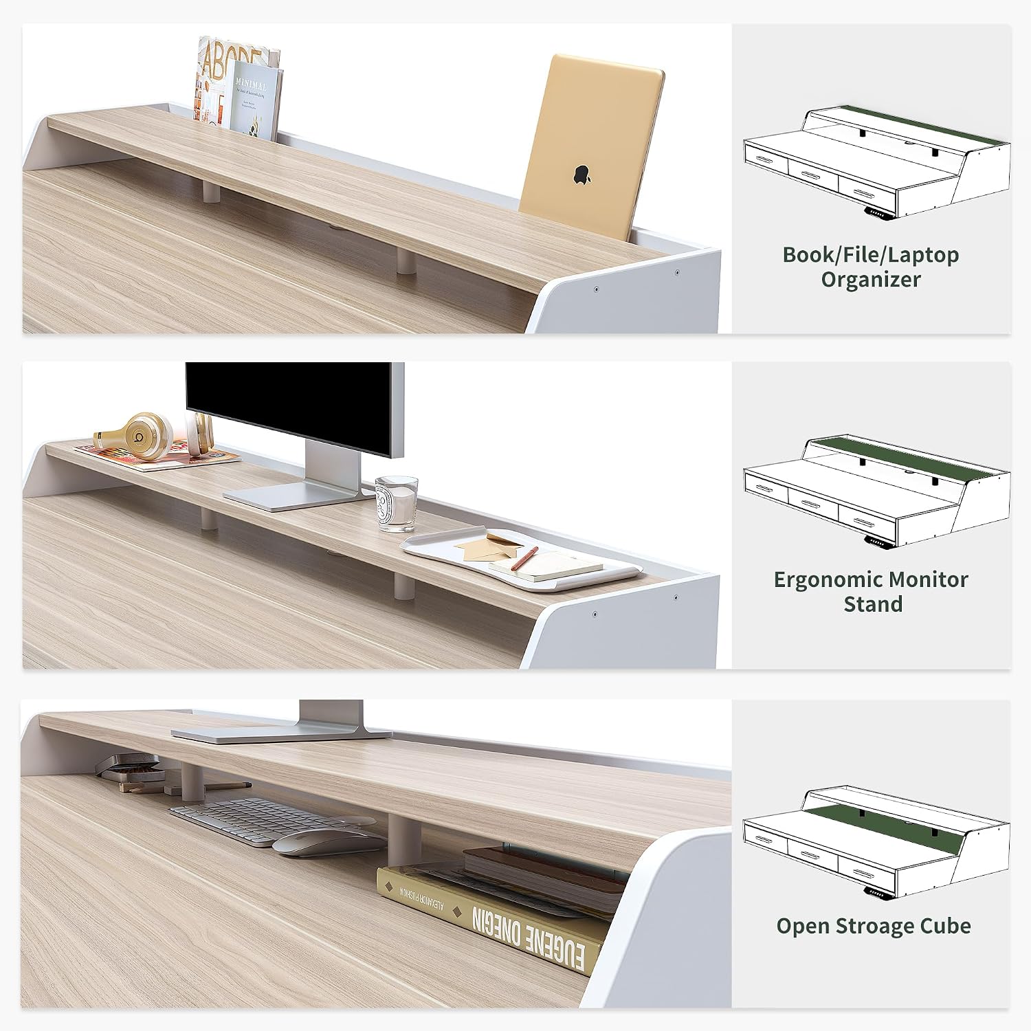FEZIBO 48x26 Inches Standing Desk with 3 Wooden Drawers and Monitor Shelf, Height Adjustable Computer Desk, Ergonomic Rising Home Office Desks, Sit Stand Up Electric Workstation Table, Light Walnut