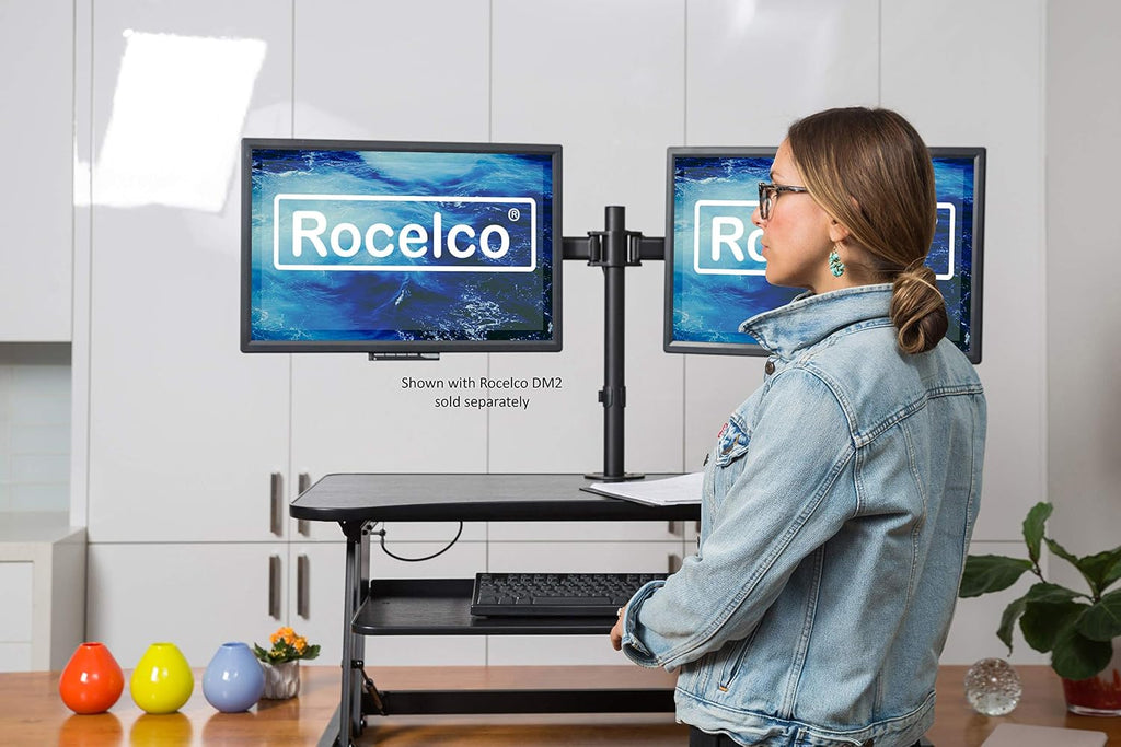 Rocelco 37.5' Deluxe Height Adjustable Standing Desk Converter - Quick Sit Stand Up Dual Monitor Riser - Gas Spring Assist Computer Workstation - Large Retractable Keyboard Tray - Black (R DADRB)