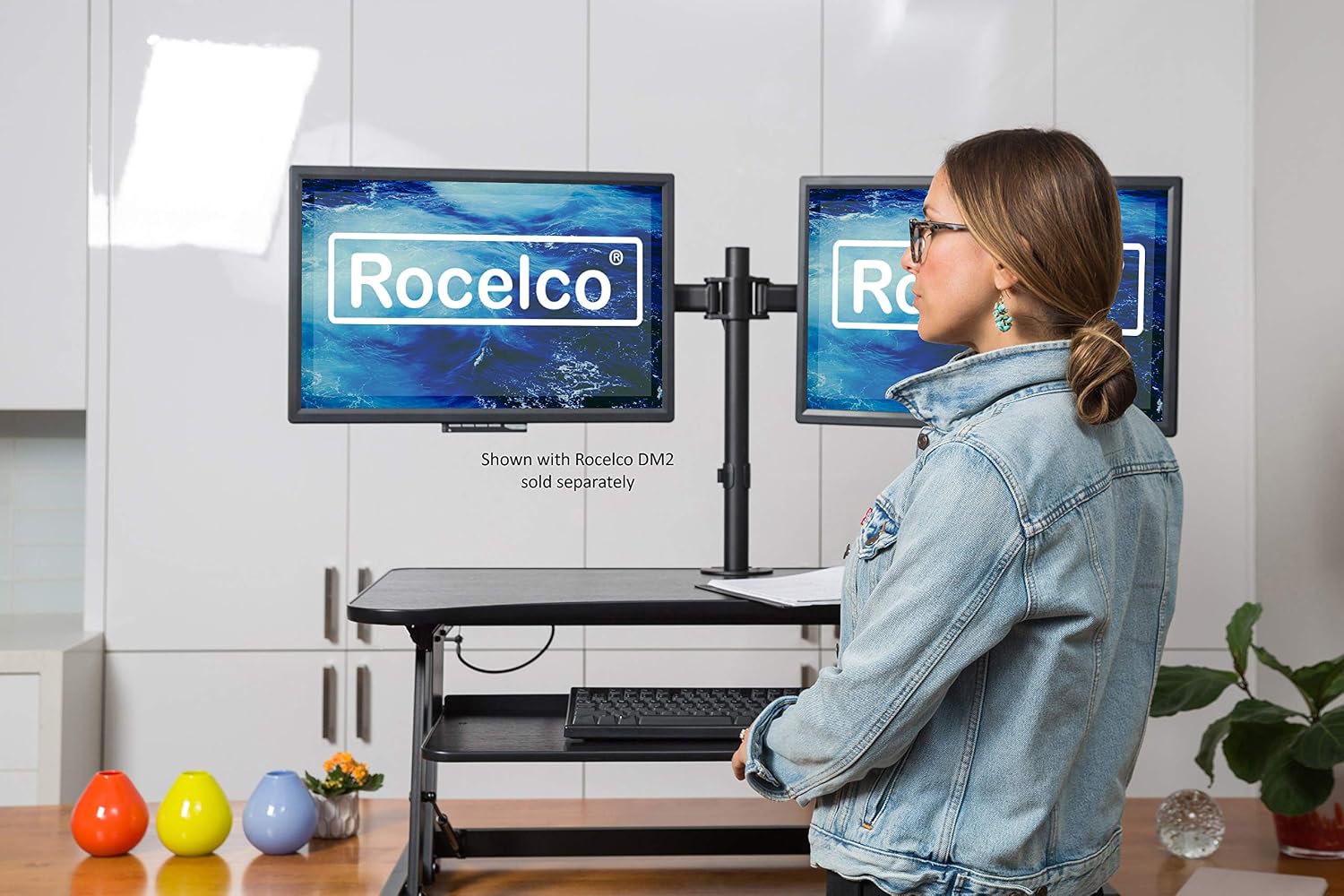 Rocelco 37.5' Deluxe Height Adjustable Standing Desk Converter - Quick Sit Stand Up Dual Monitor Riser - Gas Spring Assist Computer Workstation - Large Retractable Keyboard Tray - Black (R DADRB)