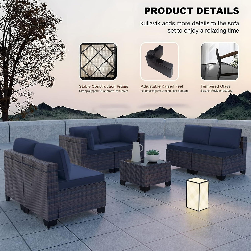 Kullavik 7 Pieces Outdoor Patio Furniture Set,Wicker Outdoor Sectional Sofa,All-Weather Patio Conversation Sets with Washable Thick Cushions & Coffee Table for Garden,Backyard,Balcony,Porch,Navy Blue