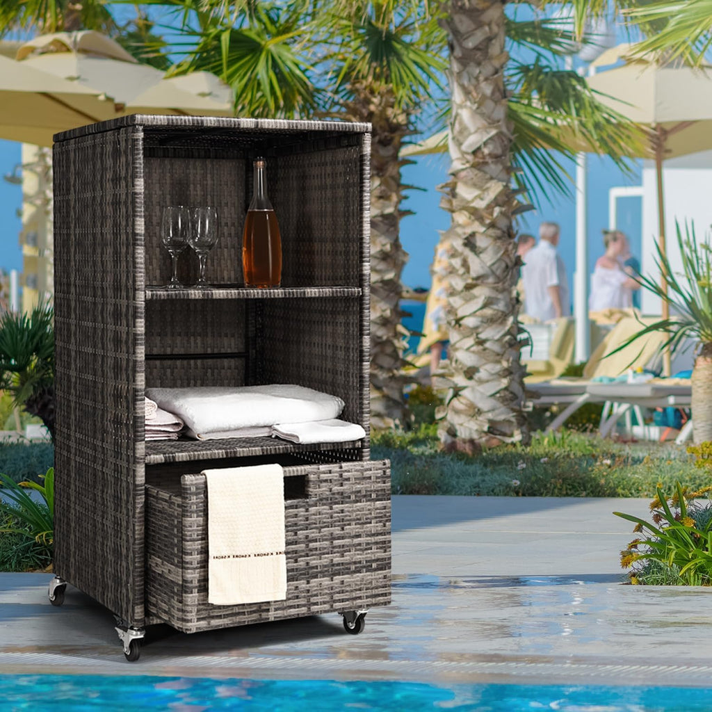 Outdoor Towel Rack for Pool Outdoor Pool Towel Storage Cabinet with Shelf & Drawer Pool Towel Holder with Rolling Wheels Hot Tub Towel Rack w/Waterproof Cover Poolside Towel Valet Caddy for Spa Grey