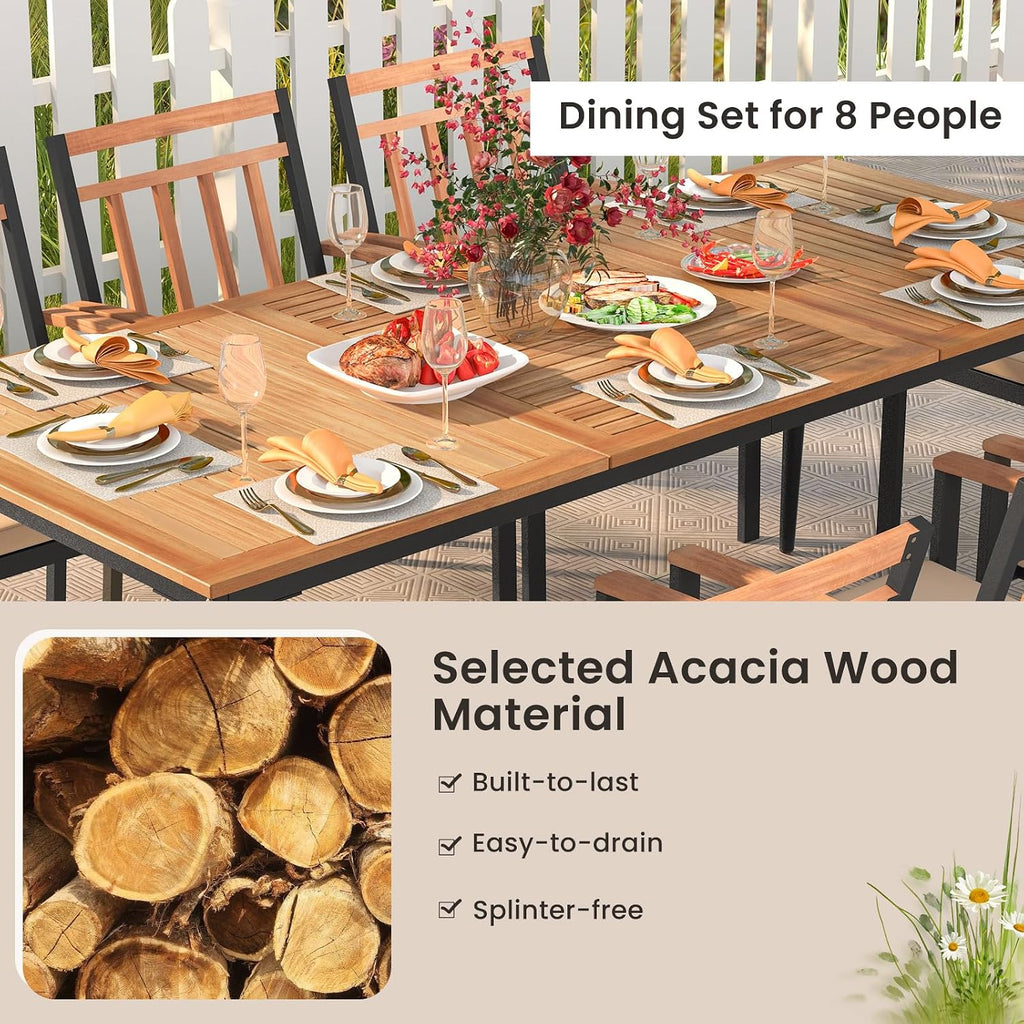 Tangkula 9-Piece Patio Dining Set, 79' Rectangle Dining Tables with 8 Wooden Armchairs, Outdoor Acacia Wood Dining Furniture Set with 1.9' Umbrella Hole for Garden, Porch, Deck