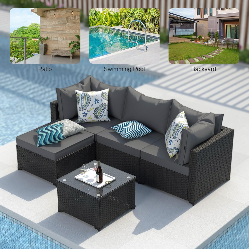 Patio Furniture Set, 5PCS Outdoor Sectional with Ottoman Wicker Rattan Patio Furniture with Thickened Cushion Modular Wicker Patio Conversation Set with Glass Top Table for Balcony, Backyard (Grey)