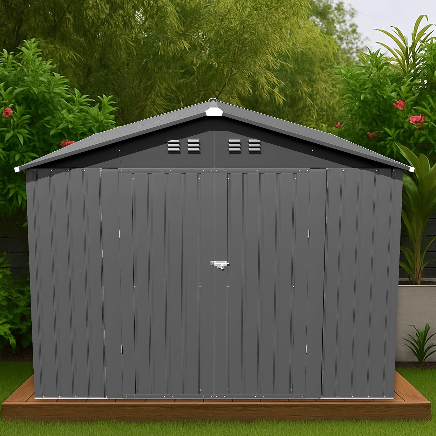 10x12 FT Metal Storage Shed Updated Frame Structure Outdoor Storage Shed Large with Double Lockable Doors, Steel Anti-Corrosion Tool Sheds Waterproof for Backyard, Pool, Patio, Light Gray