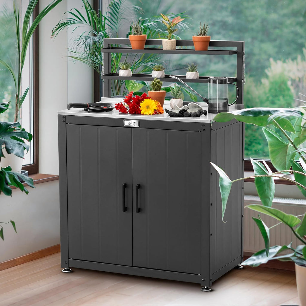 Feasto Garden Potting Bench with Storage Cabinet,Outdoor Gardening Table & Work Bench for Plants, Horticulture,Outdoor Workstation with Stainless Steel Tabletop,Outdoor Work Table with Elevated Rack