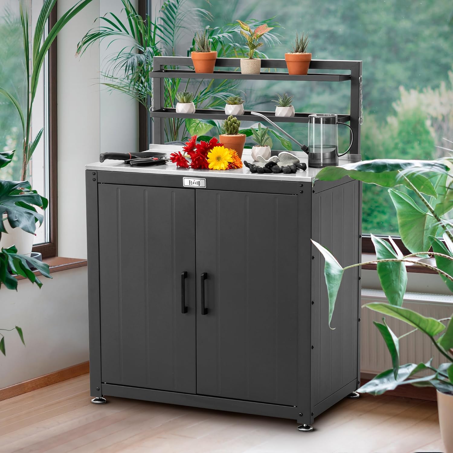 Feasto Garden Potting Bench with Storage Cabinet,Outdoor Gardening Table & Work Bench for Plants, Horticulture,Outdoor Workstation with Stainless Steel Tabletop,Outdoor Work Table with Elevated Rack