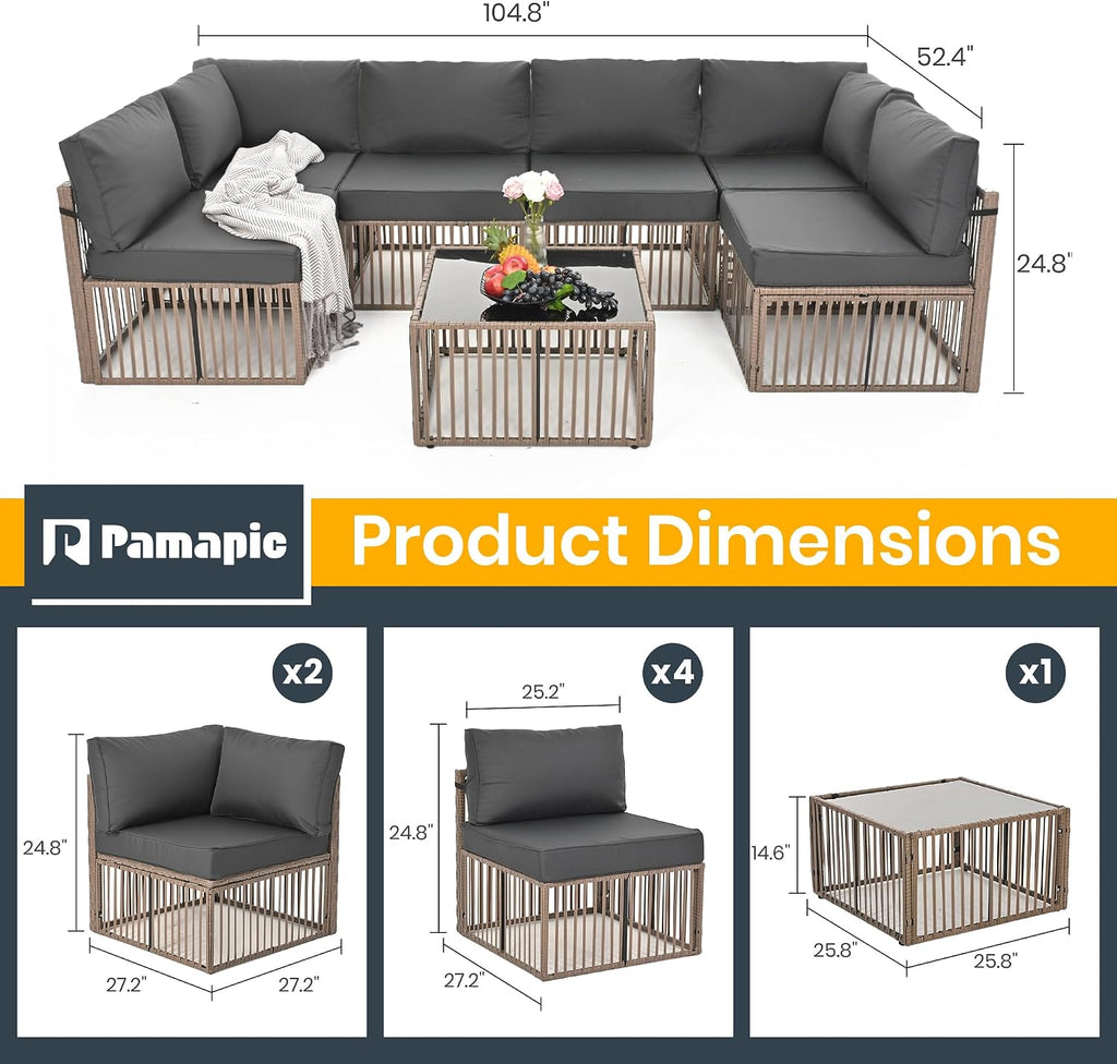 Pamapic 7 Piece Outdoor Sectional Sofa Set, All-Weather Patio Furniture with Washable Cushions, Waterproof Brown Rattan Wicker Conversation Set for Backyard, Poolside, Gray Cushion