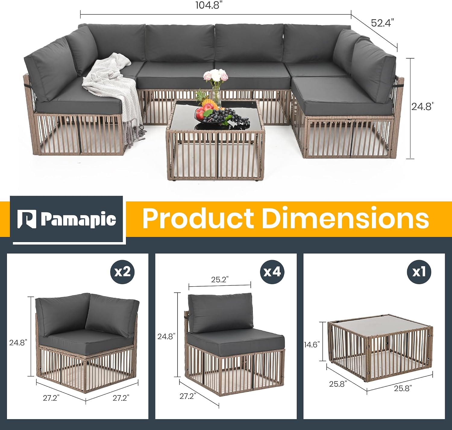 Pamapic 7 Piece Outdoor Sectional Sofa Set, All-Weather Patio Furniture with Washable Cushions, Waterproof Brown Rattan Wicker Conversation Set for Backyard, Poolside, Gray Cushion