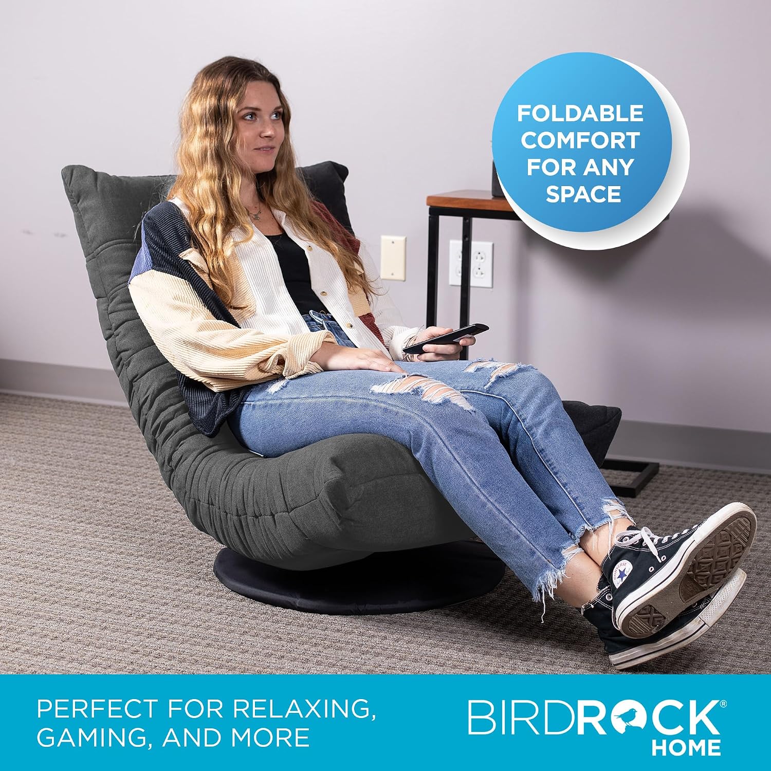 BIRDROCK HOME Swivel Floor Chair - 360 Adjustable Memory Foam Lounge Seat - Gaming - Comfortable Back Support - Cushion Dorm Rocker - Comfy for Reading Game Meditating - Fully Assembled (Grey)