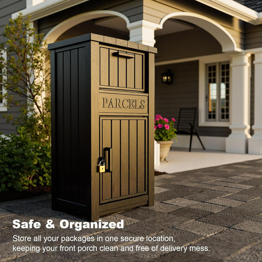 Package Delivery Box for Outside, Large Parcel Drop Box with Lockable Secure, Waterproof and Anti-Theft Storage for Porch, Curbside, House (Black)