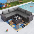 Kullavik Outdoor Patio Furniture Set 6 Pieces Sectional Rattan Sofa Set Brown PE Rattan Wicker Patio Conversation Set with 5 Seat Cushions and 1 Tempered Glass Table,Grey