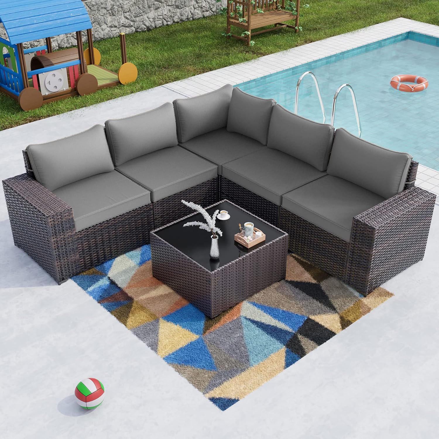 Kullavik Outdoor Patio Furniture Set 6 Pieces Sectional Rattan Sofa Set Brown PE Rattan Wicker Patio Conversation Set with 5 Seat Cushions and 1 Tempered Glass Table,Grey