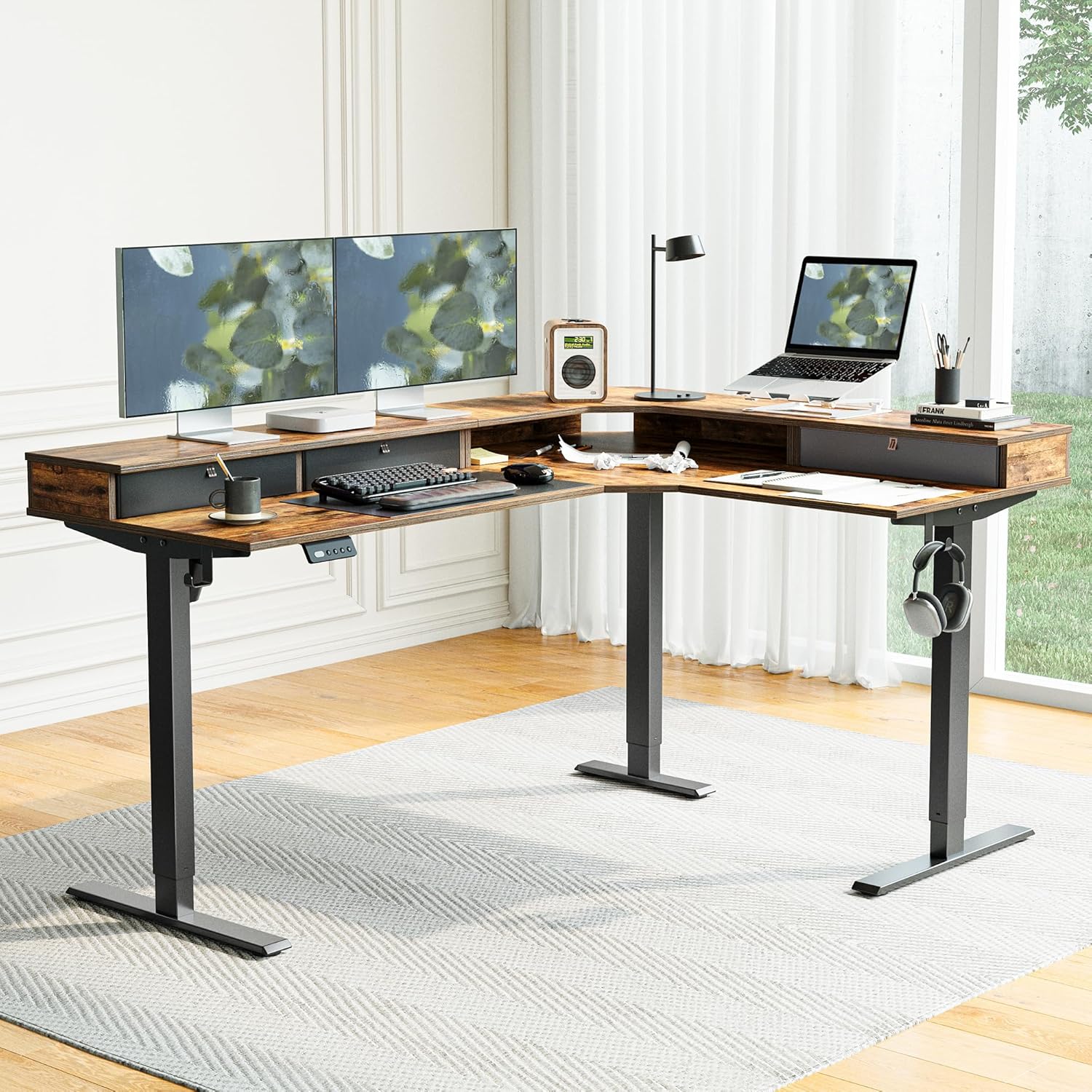 FEZIBO L Shaped Electric Standing Desk, 63x48 inch Large with Drawers | Reversible Tabletop, 2 Memory Height Settings | Home Office & Gaming Height-Adjustable Table, Rustic Brown（2 Packages）