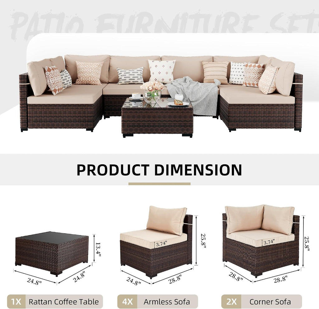 UPHA 7 Pieces Patio Furniture Sets, Wicker Outdoor Sectional Sofa Couch with Coffee Table, Patio Conversation Set for Deck Backyard Garden, Brown Rattan, Beige Cushion