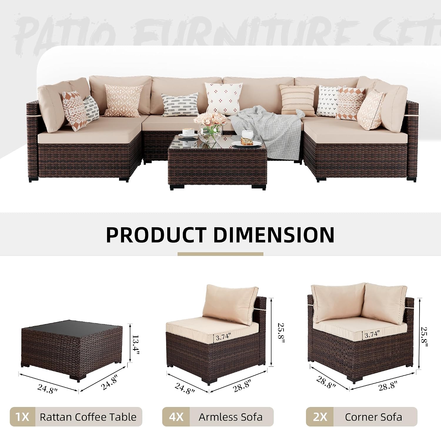 UPHA 7 Pieces Patio Furniture Sets, Wicker Outdoor Sectional Sofa Couch with Coffee Table, Patio Conversation Set for Deck Backyard Garden, Brown Rattan, Beige Cushion