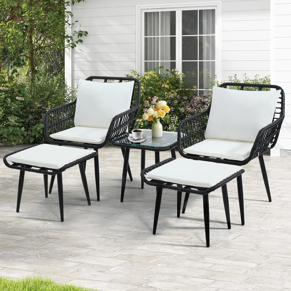 KROFEM 5 Piece Wicker Bistro Patio Conversation Furniture Set, Includes 2 Chairs, 2 Ottomans, and Side Table, Ideal for Porch, Balcony, Deck, Backyard, Black