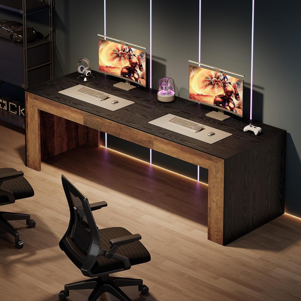 Tribesigns 78.7-Inch Long Computer Desk for 2 People, Farmhouse Executive Desk with Wooden Desktop and Legs, Large Workstations Writing Table Gaming Table for Home Office, Heavy Duty, Black + Brown